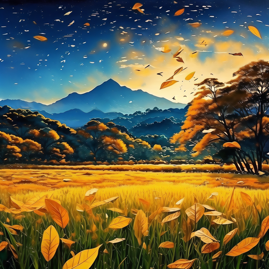 一幅宁静的南国秋景图，画面中有一片金黄的稻田，微风轻轻吹拂，稻穗轻轻摇曳。远处是青山绿水，蓝天白云。树林中，阳光透过树叶洒下斑驳光影，地上铺满厚厚的落叶。一位穿着素雅的女子静静地坐在草坪上，仰望着星空，面带微笑，周围有几只萤火虫飞舞，整个场景呈现出温暖的橙黄色调