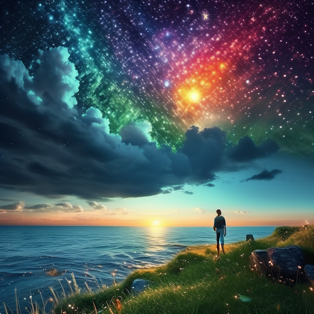一位冒险家在海边认真采集星螺，周围有无光质块闪烁，远处有一只巨大的史莱姆，天空中飘着几朵火红的云彩，地面是绿色的草地