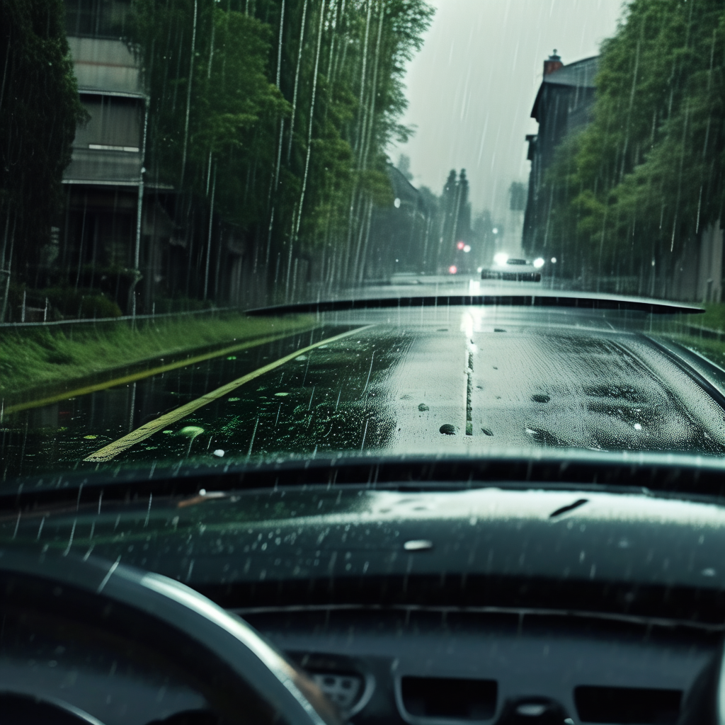 一辆汽车在雨天的道路上缓慢行驶，雨滴不断落下，道路湿滑，车辆的轮胎清晰可见，雨刷器正在快速工作，司机专注地握着方向盘，表情严肃，周围的建筑物和树木被雨水打湿，呈现出深绿色，整个画面色调偏暗