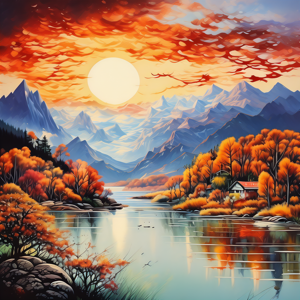 一幅美丽的山水画，画面中有连绵起伏的青山，山上植被茂密，色彩斑斓。天边是绚丽的晚霞，如燃烧的火焰。山下有一片波光粼粼的湖泊，岸边有几棵垂柳在微风中摇曳，还有几只水鸟在湖面上飞翔，湖水倒映着周围的景色，整体色彩鲜艳而和谐，给人一种宁静而美好的感觉。