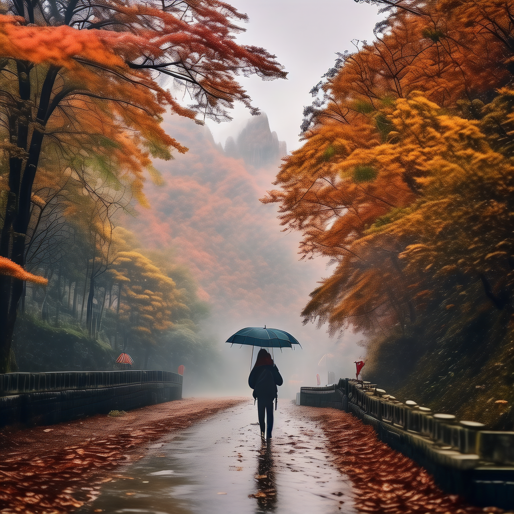 在雨中，一位游客撑着伞漫步在岳麓山的山路上，周围云雾缭绕，山峦若隐若现，路边的枫叶被雨水打湿，鲜艳夺目，游客身着雨衣，脸上带着陶醉的表情欣赏着美景
