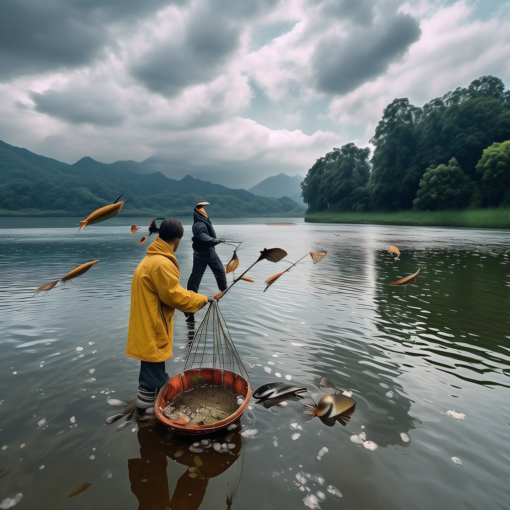 在暴雨过后的梅溪湖岸边，一群人正兴奋地捡着各种各样的鱼，有鲫鱼、鲤鱼等，湖水浑浊，岸边泥泞，人们穿着雨衣和雨靴，手中拿着水桶和渔网，天空乌云密布