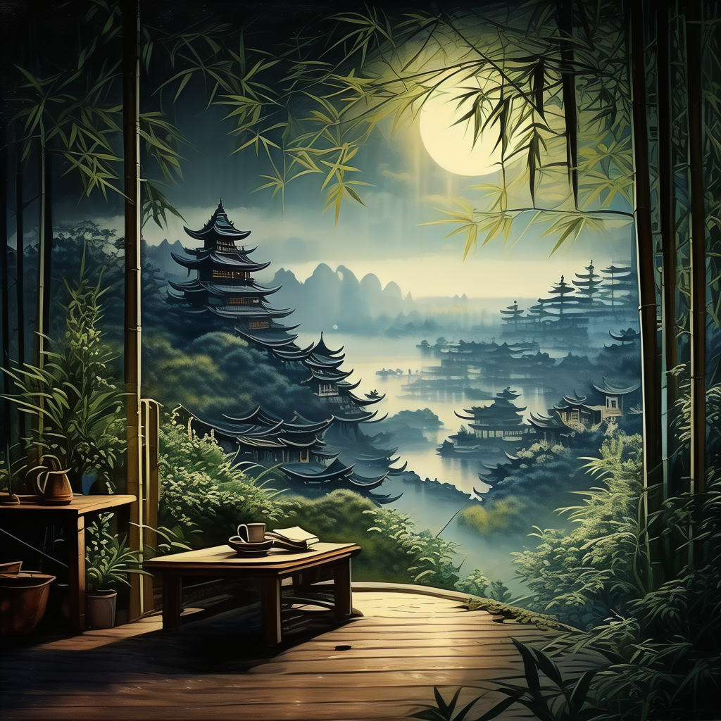 在一个宁静的夜晚，月光洒在乡间的小路上，一位身着素雅长衫的作家正坐在窗前，凝望着远方，手中拿着笔，思考着如何描绘对故乡的思念和对亲人的爱，窗外是一片郁郁葱葱的竹林，微风吹过，竹叶沙沙作响，屋内的灯光温暖而柔和