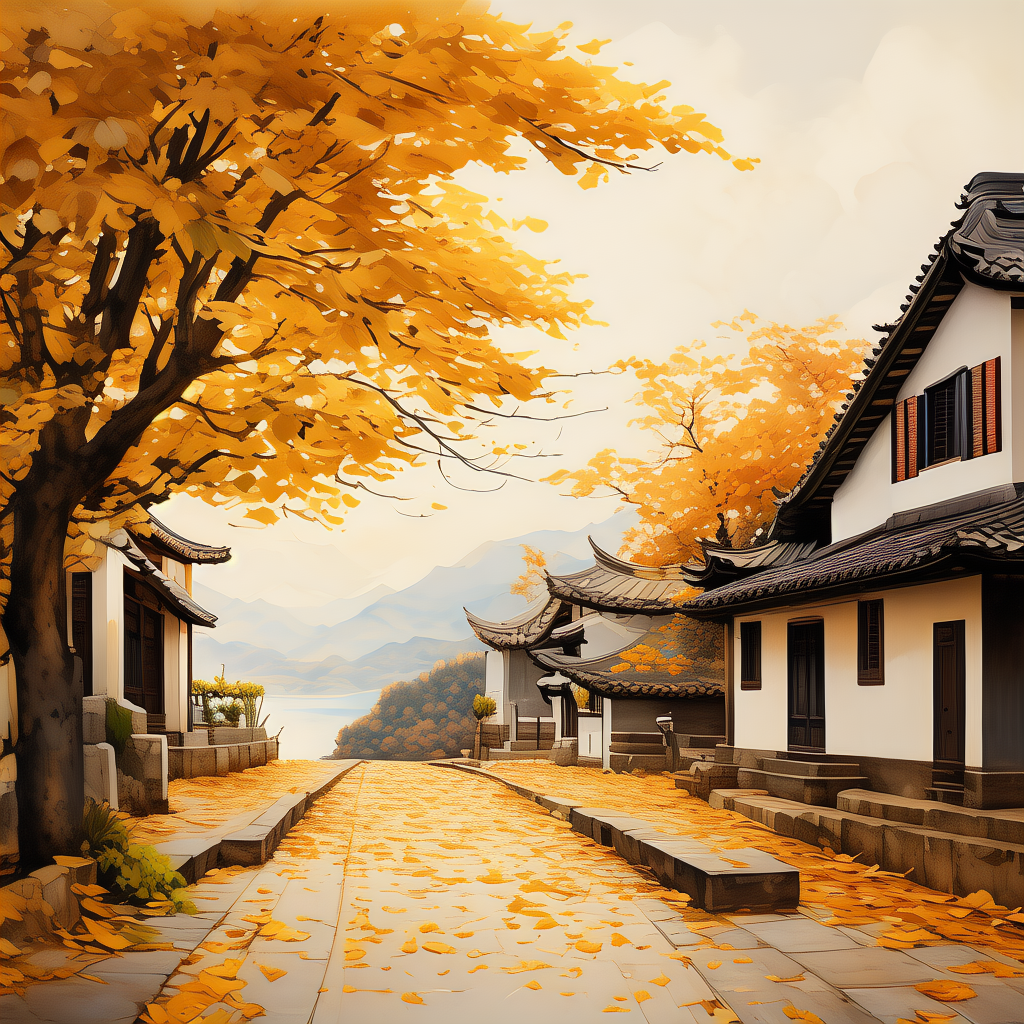 在一个阳光柔和的秋日，南国的古老小镇街道上，地面铺满了金色的落叶，一位身着素雅长衫的文人，手抚着一棵桂花树，面带沉思，远处是青山绿水和错落有致的白墙黑瓦房屋，天空中飘着淡淡的云彩，整体色调温暖而宁静
