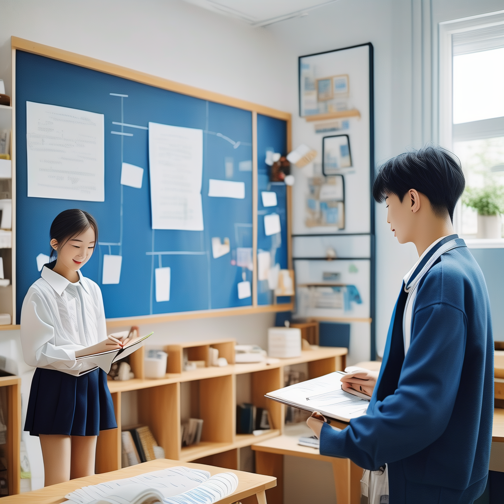 一个明亮的房间里，一位老师站在黑板前，正在向学生们讲解面向对象思想的基本概念，黑板上写着封装、继承、多态的详细解释，学生们认真听讲并做笔记，房间的布置简洁现代，整体色调为蓝色和白色