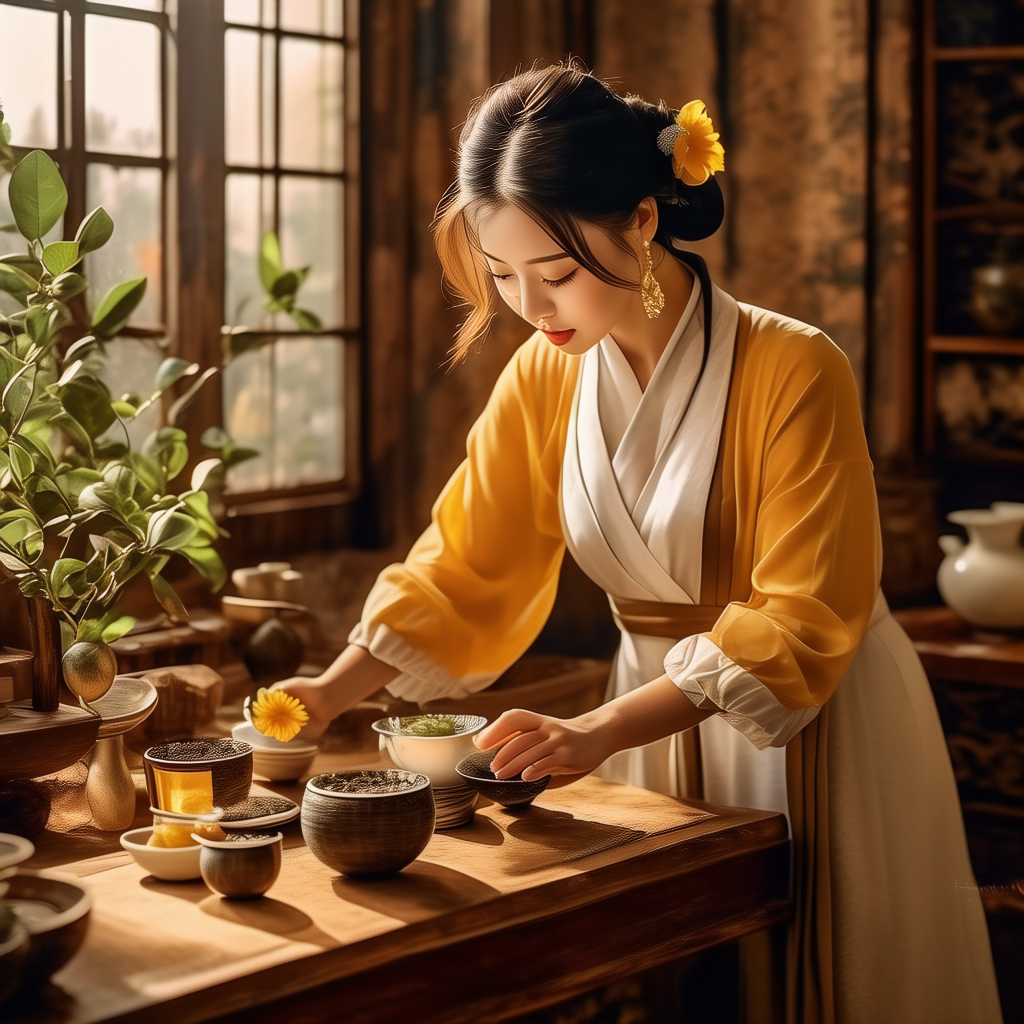 在一个古色古香的茶室里，一位穿着传统服饰的茶艺师正专注地制作栀子乌龙，桌上摆放着新鲜的栀子花和优质的铁观音茶叶，阳光透过窗户洒在他们身上，呈现出温暖的黄色调，茶艺师的动作优雅娴熟