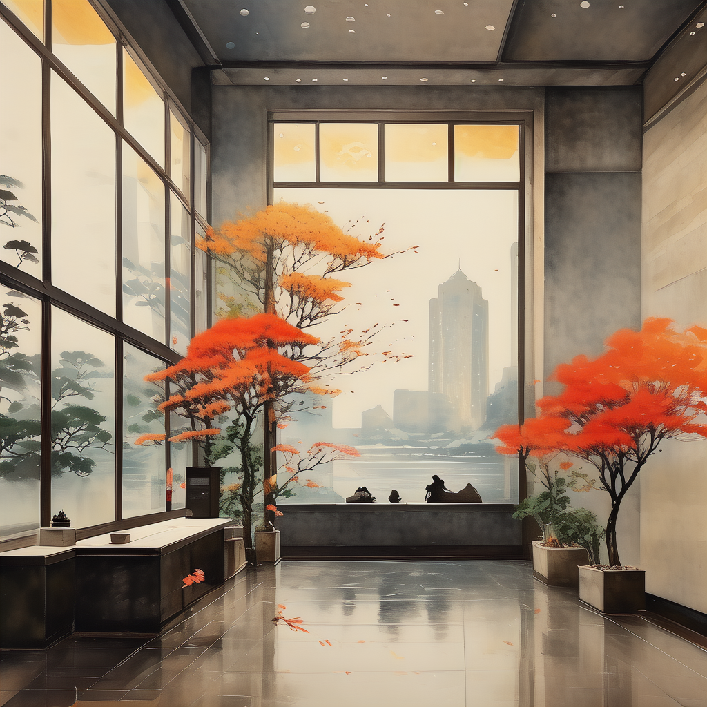 在一个雨天的长沙，一座宽敞明亮的艺术展馆内，齐白石的画作挂满墙壁，画面中色彩鲜艳的花鸟栩栩如生，参观者们安静地驻足观赏，窗外的雨水滴落在透明的窗户上，展馆内灯光柔和温暖
