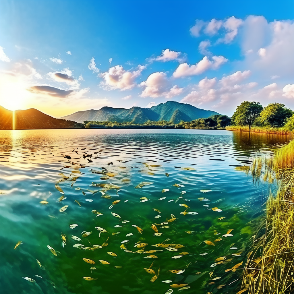 一幅美丽的梅溪湖全景图，湖水清澈，湖面上有几条草鱼、鲫鱼、鳙鱼和鲤鱼在欢快游动，湖水周围是绿色的植被，天空湛蓝，阳光洒在水面上，泛起金色的光芒