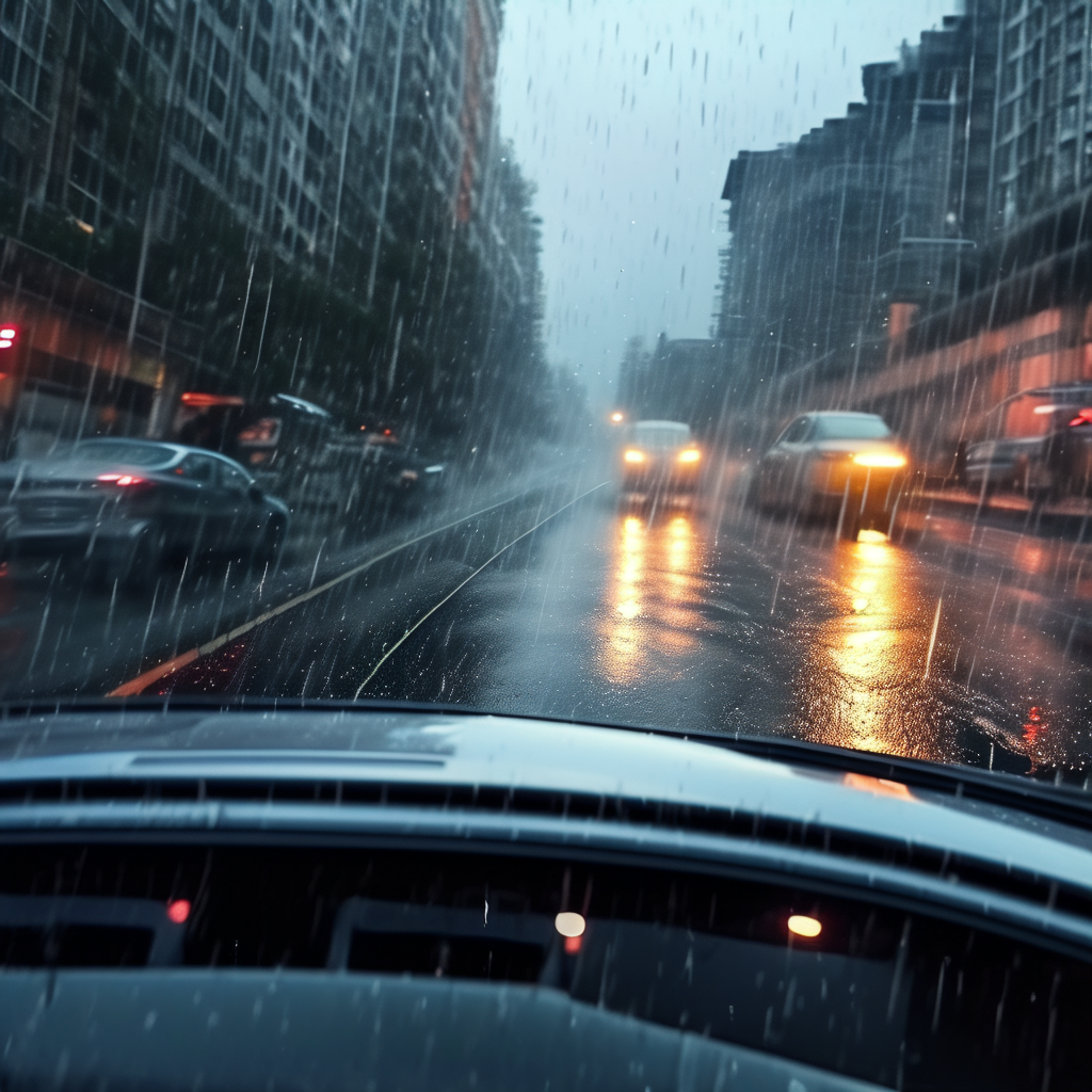 一辆汽车在大雨中行驶，挡风玻璃上的雨刷器快速摆动，近光灯和雾灯都开启着，车内空调正对着挡风玻璃除雾，道路被雨水浸湿，周围环境昏暗