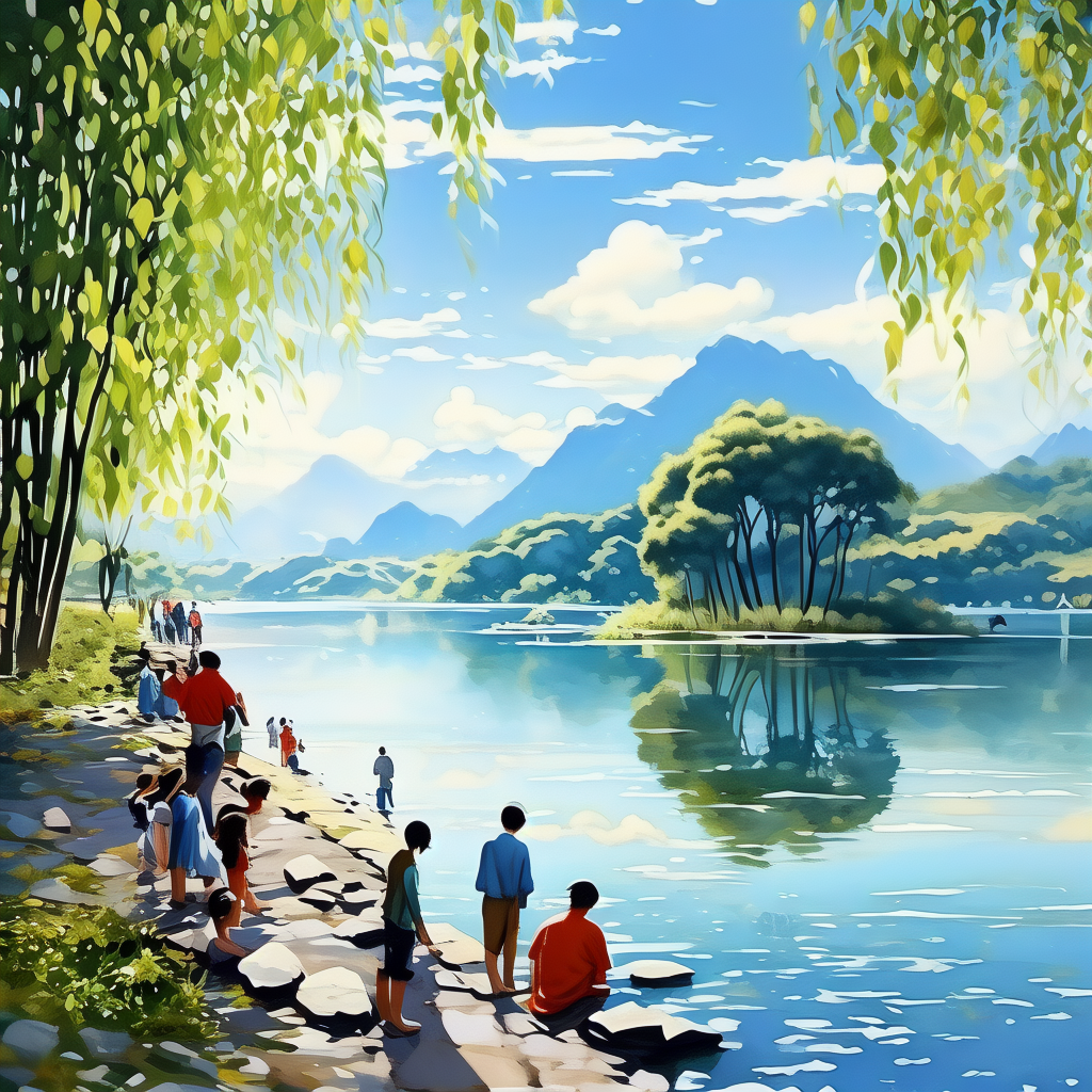 在一个阳光明媚的日子，梅溪湖岸边聚集了一群人，他们对着湖水指指点点，脸上露出疑惑的表情。湖水清澈见底，湖底的石头和水草清晰可见。远处有几棵高大的柳树，柳枝随风飘动。人群中有人拿着手机在拍照，有人在互相交流讨论，背景是蓝天白云和青山绿水。