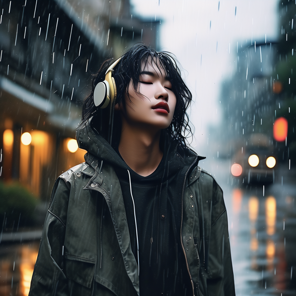 一个人在下雨天，站在街边，闭着眼睛，倾听着耳机里传来的舒缓音乐，雨水打湿了头发和衣服，周围是安静的街道和被雨水洗刷的绿植，背景是阴沉的天空