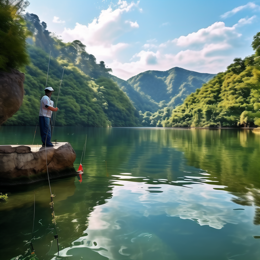 在美丽的梅溪湖岸边，一位资深钓友正在专心致志地进行台钓，湖水波光粼粼，周围绿树成荫，天空湛蓝，他身着专业的钓鱼服装，手持鱼竿，表情专注而期待，身后放着装有各种钓具的箱子