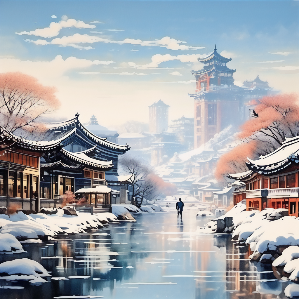 一个阳光明媚的冬日，济南的老城区，远处是覆盖着薄雪的小山，近处是流淌着清澈河水的街道，一位穿着棉袄的老人面带微笑地走在街头，周围是古朴的建筑，天空湛蓝，地上有未化的积雪。