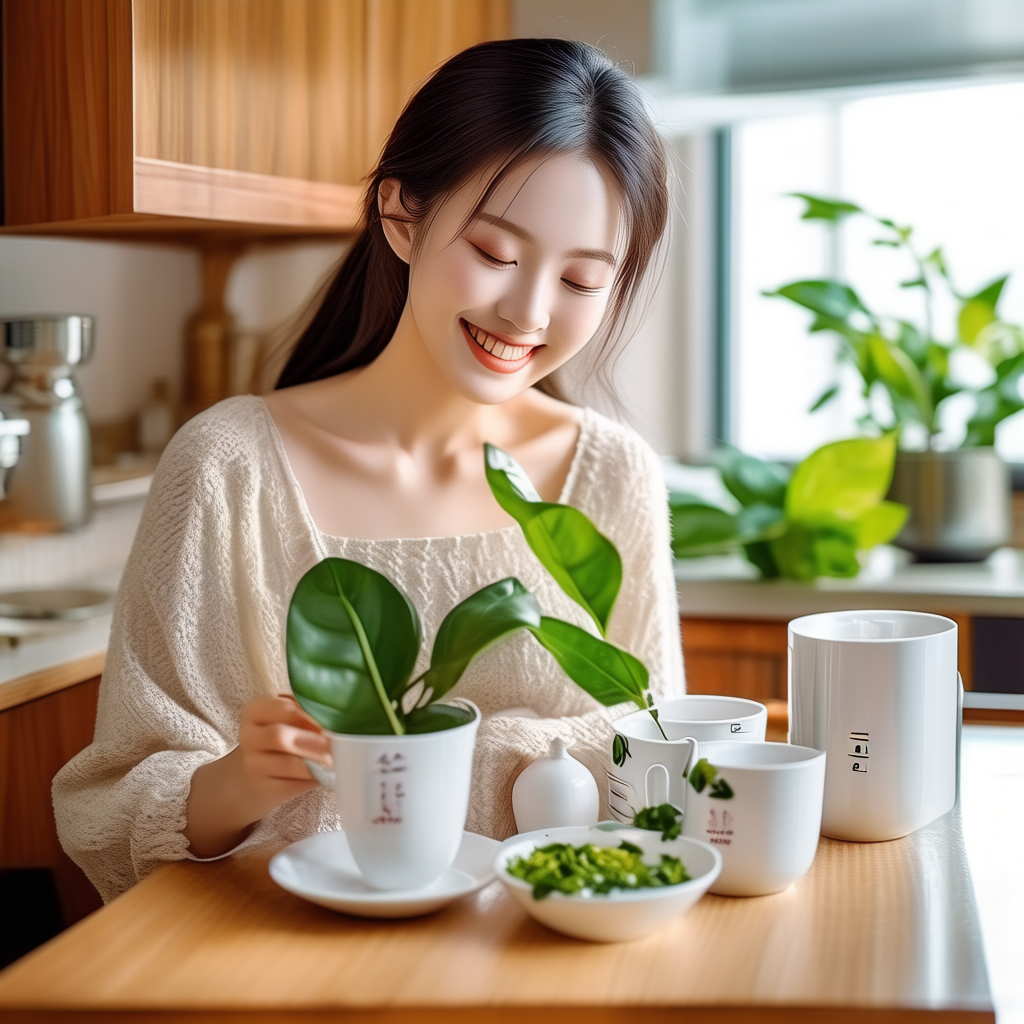 在一个明亮整洁的厨房中，桌子上摆放着新鲜的栀子花和优质的铁观音茶叶，旁边有一个温度计显示着适宜的温度 25℃，湿度计显示相对湿度 50%，一位笑容满面的主妇正轻柔地搅拌着浸泡中的栀子乌龙，周围弥漫着浓郁的茶香