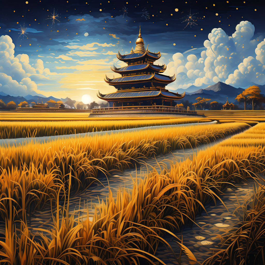 在一个月光皎洁的南国秋夜，古老的寺庙矗立在一片金黄的稻田边，稻田里的稻谷在秋风中轻轻摇曳，发出哔啵声。寺庙的钟声悠扬回荡，墙角的蟋蟀在欢快地鸣叫，草丛中的纺织娘也在放声歌唱，一个农民站在稻田中，脸上洋溢着丰收的喜悦，远处的树林在秋风中沙沙作响，天空中繁星点点，整个场景充满诗意和宁静