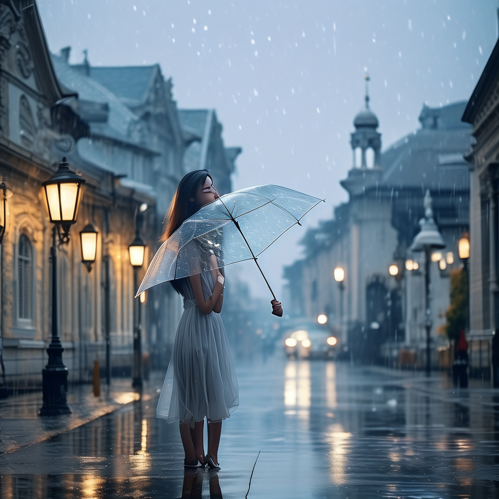 一个人在下雨天，站在街边，闭着眼睛，倾听着耳机里传来的舒缓音乐，雨水打湿了头发和衣服，周围是安静的街道和被雨水洗刷的绿植，背景是阴沉的天空