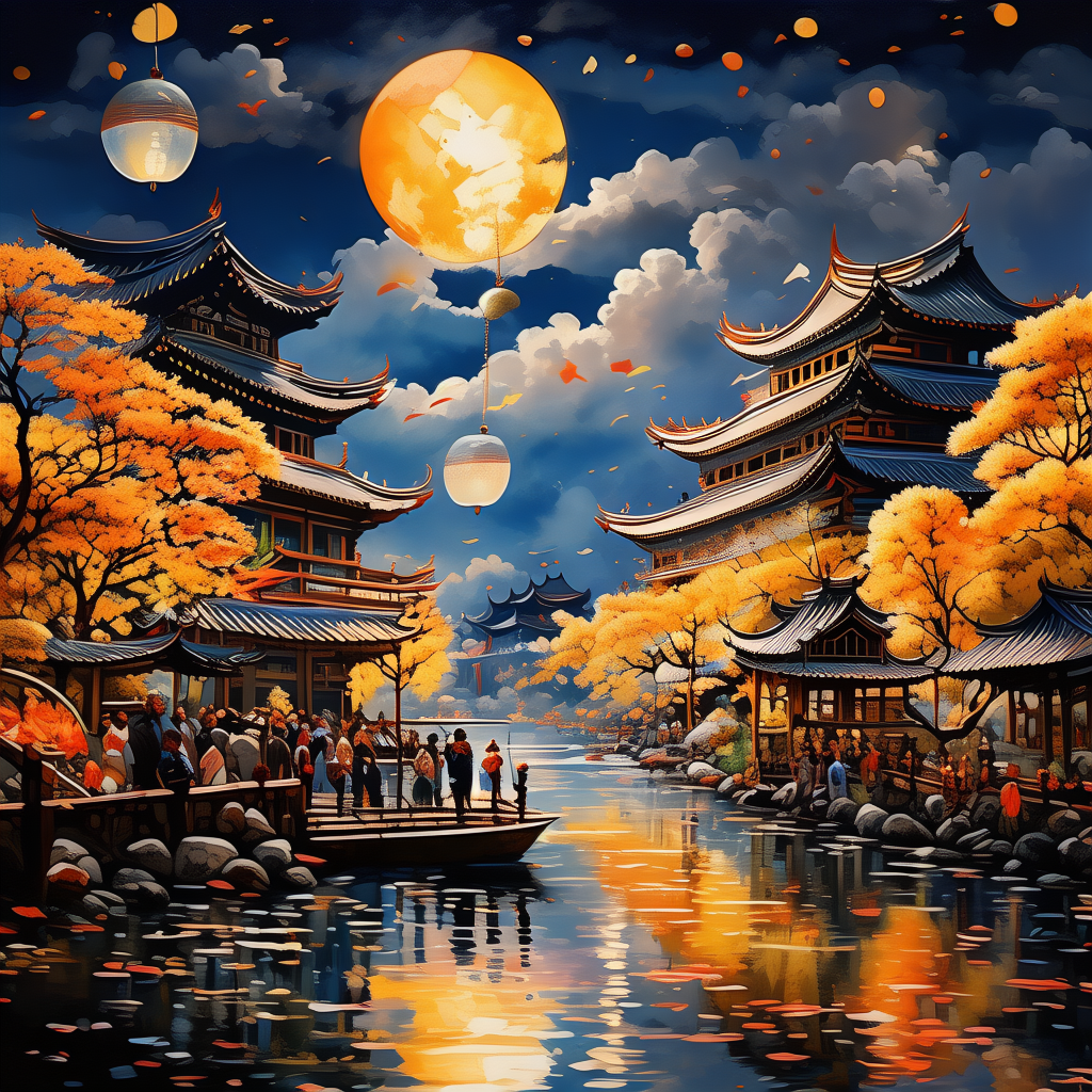 在一个宁静的南国小镇，秋天的夜晚，一条流淌着的清澈小河边，人们正在举行放河灯的活动，天空中挂着一轮明月，地上铺满了金黄色的落叶，人们穿着传统的服饰，手中拿着色彩斑斓的河灯，脸上洋溢着幸福的笑容，周围是古色古香的建筑和郁郁葱葱的树木